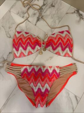 Luli Fama Pink, Coral & Beige Zigzag Crochet Bandeau Bikini